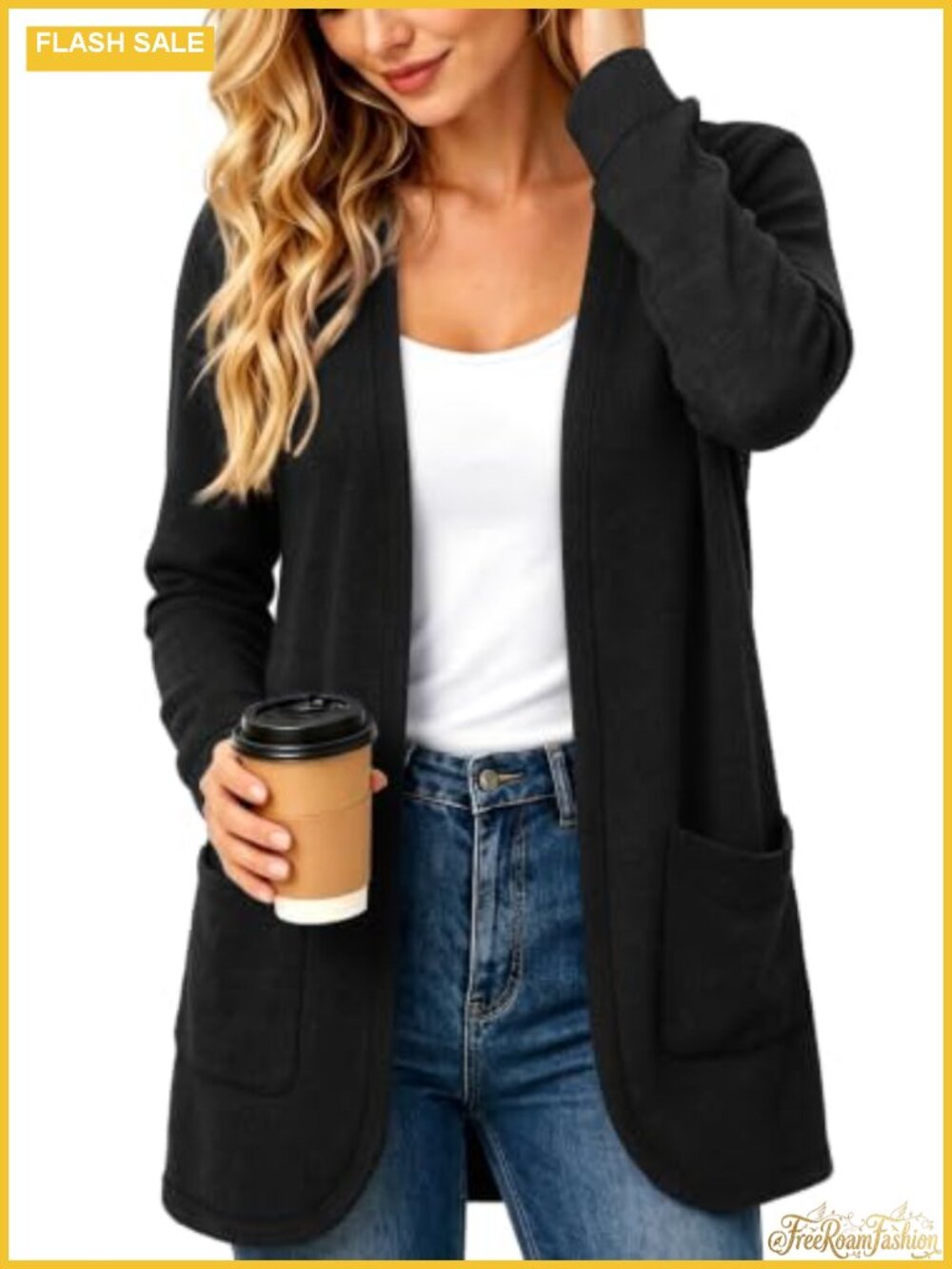 Women's OFEEFAN Open Front Knit Cardigan Long Sleeve Pockets Casual